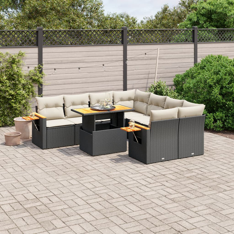 8-delige Loungeset met kussens poly rattan zwart