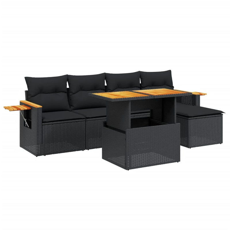 6-delige Loungeset met kussens poly rattan zwart