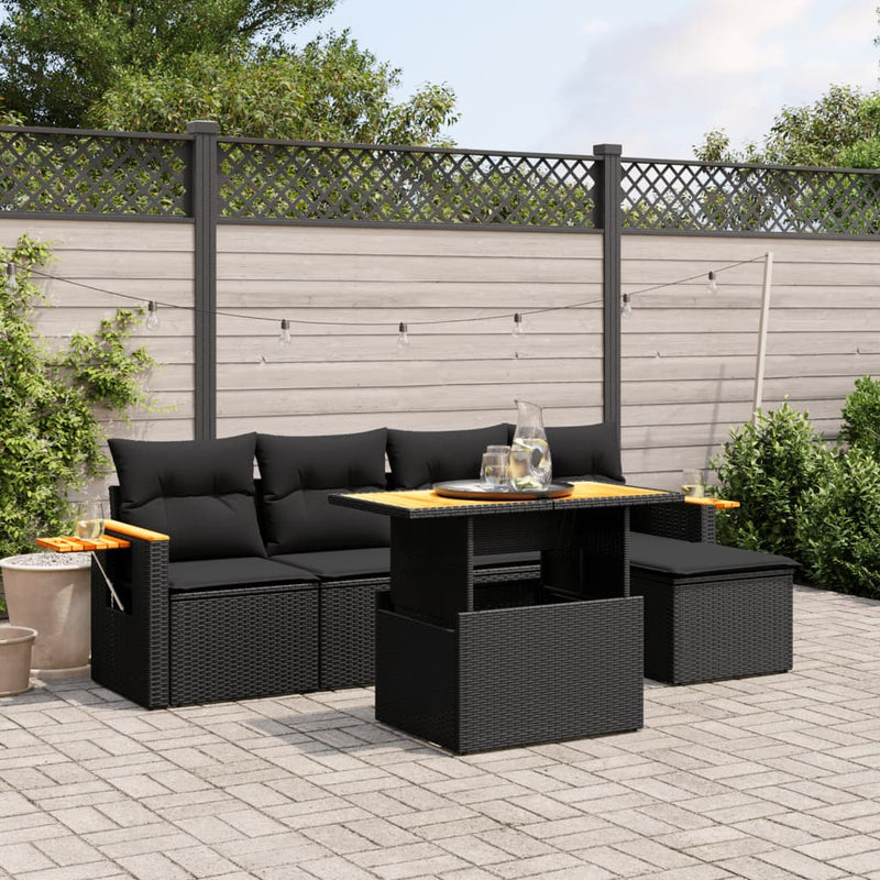 6-delige Loungeset met kussens poly rattan zwart