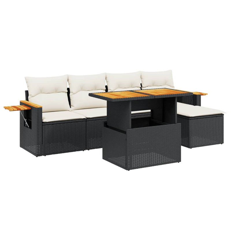 6-delige Loungeset met kussens poly rattan zwart