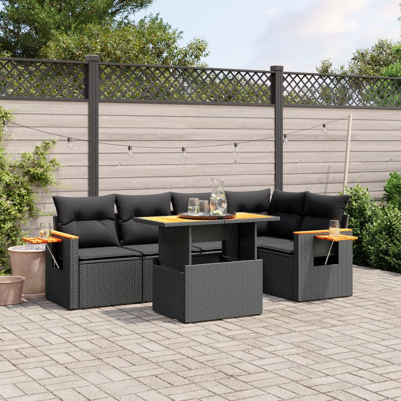 6-delige Loungeset met kussens poly rattan zwart
