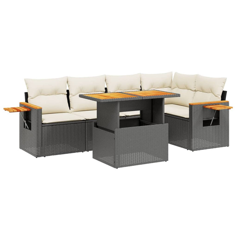 6-delige Loungeset met kussens poly rattan zwart