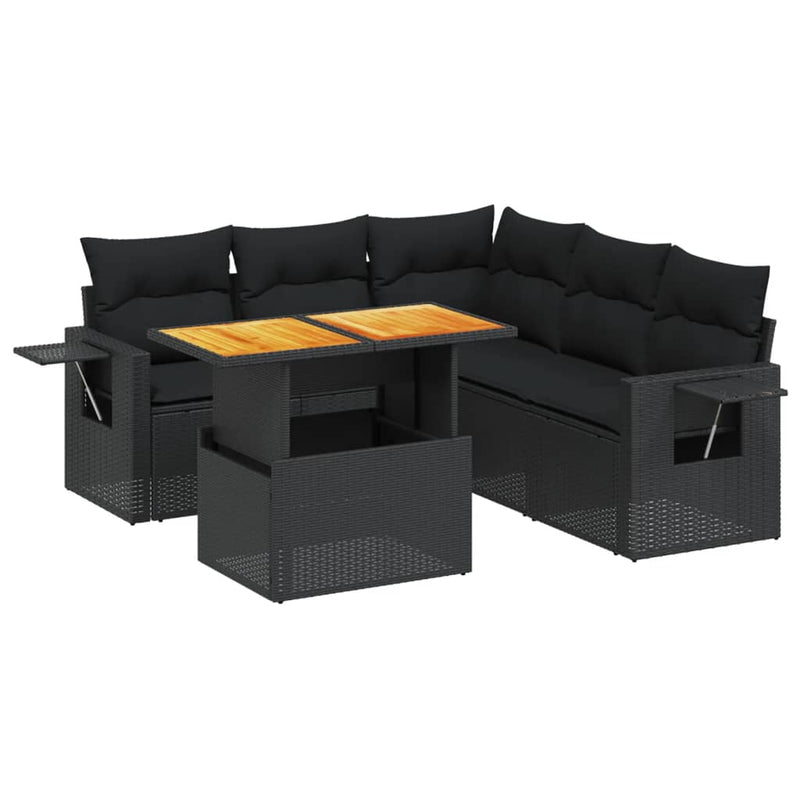 6-delige Loungeset met kussens poly rattan zwart