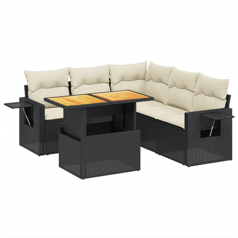 6-delige Loungeset met kussens poly rattan zwart
