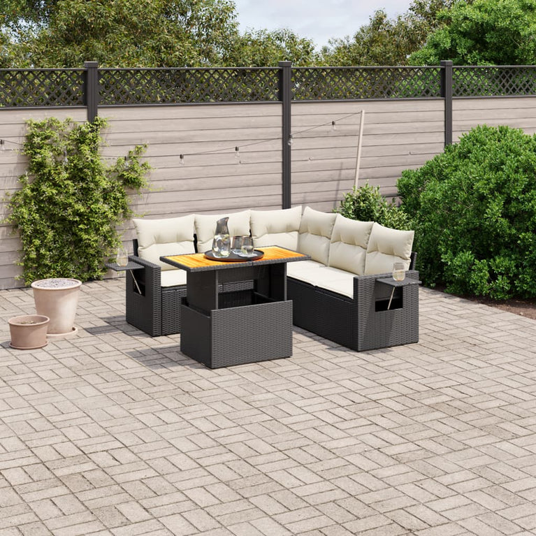 6-delige Loungeset met kussens poly rattan zwart