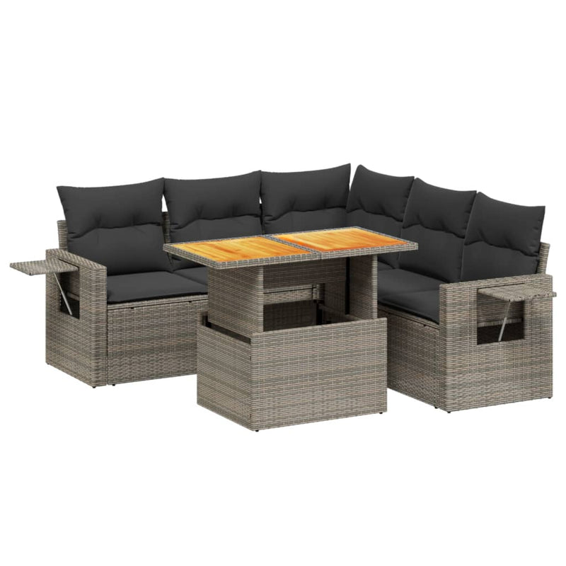 6-delige Loungeset met kussens poly rattan grijs