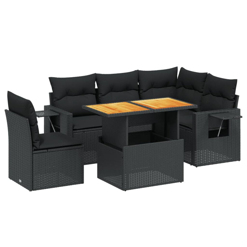 6-delige Loungeset met kussens poly rattan zwart