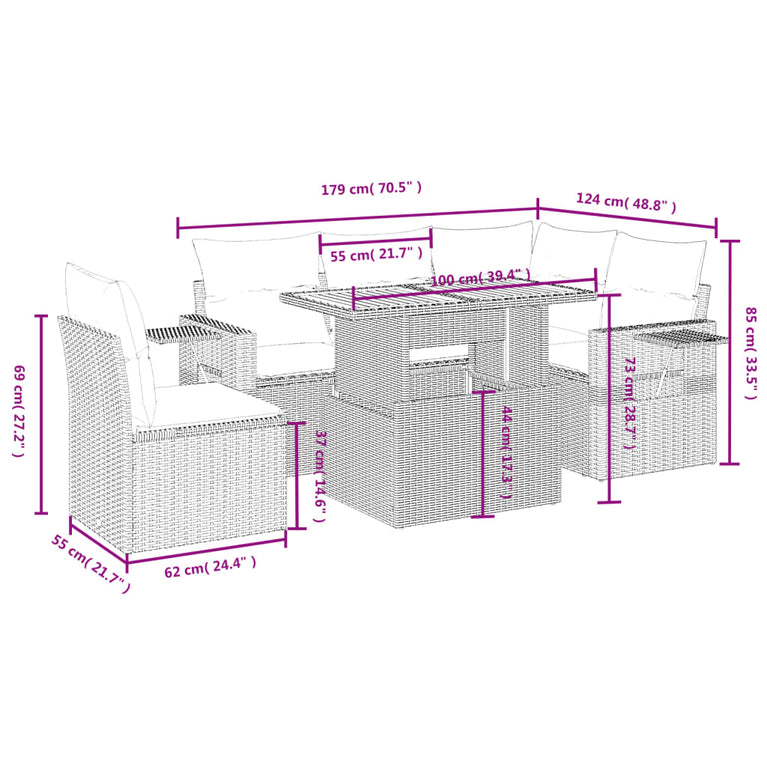 6-delige Loungeset met kussens poly rattan grijs