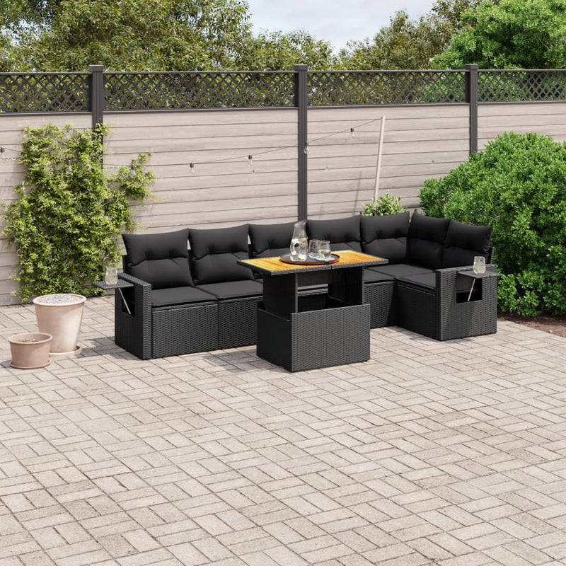 7-delige Loungeset met kussens poly rattan zwart