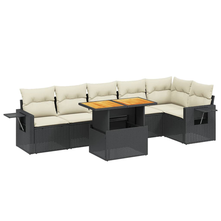 7-delige Loungeset met kussens poly rattan zwart