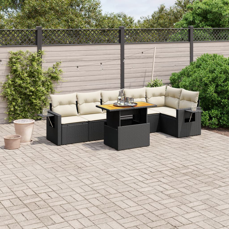 7-delige Loungeset met kussens poly rattan zwart