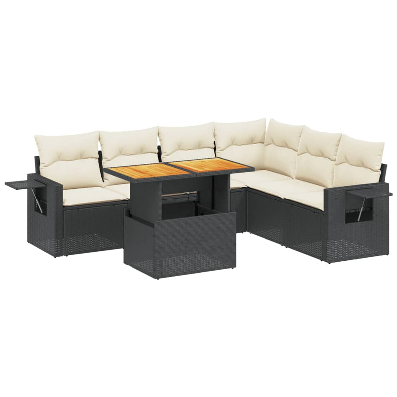 7-delige Loungeset met kussens poly rattan zwart