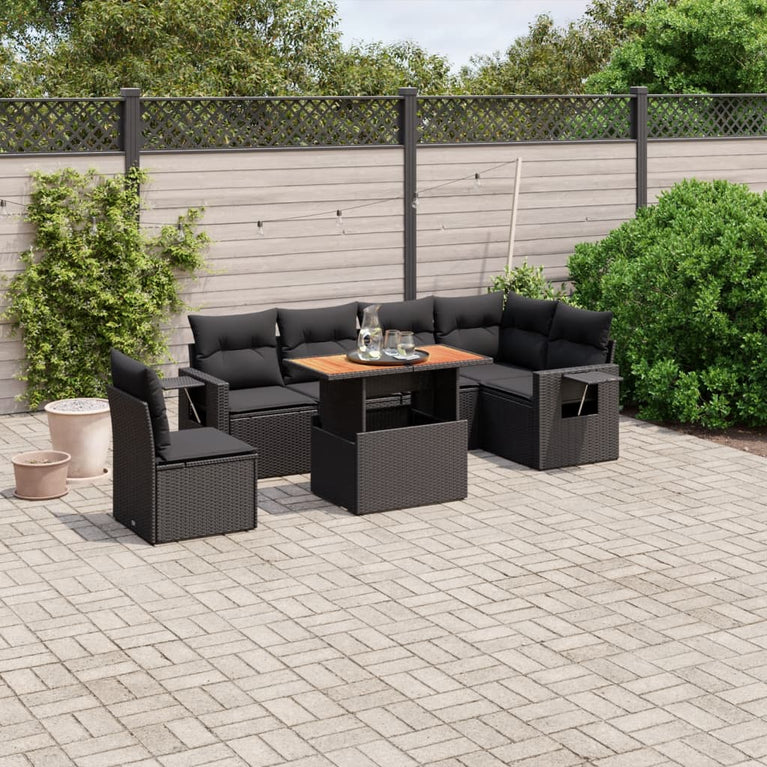 7-delige Loungeset met kussens poly rattan zwart