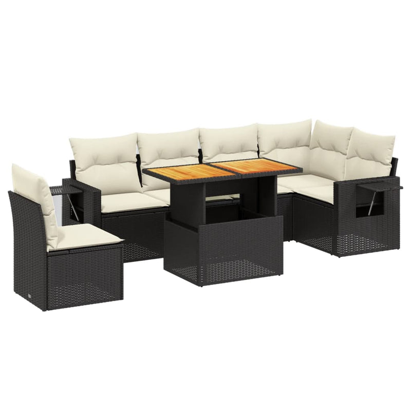 7-delige Loungeset met kussens poly rattan zwart