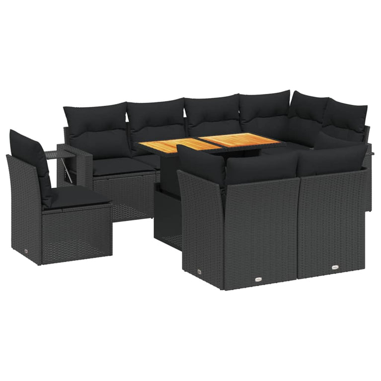 9-delige Loungeset met kussens poly rattan zwart