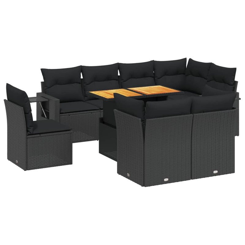 9-delige Loungeset met kussens poly rattan zwart