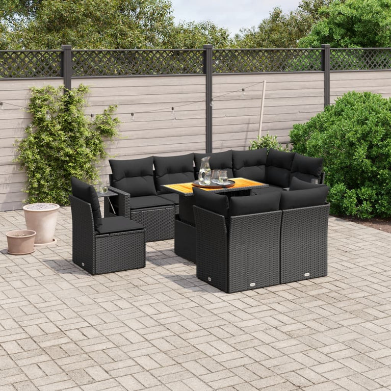 9-delige Loungeset met kussens poly rattan zwart