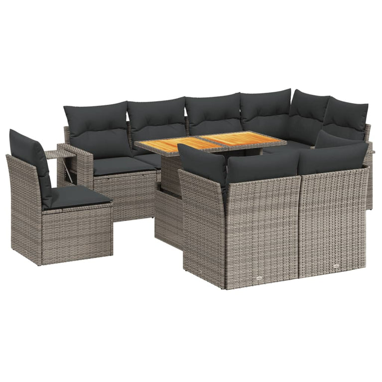9-delige Loungeset met kussens poly rattan grijs