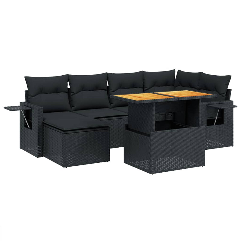 7-delige Loungeset met kussens poly rattan zwart