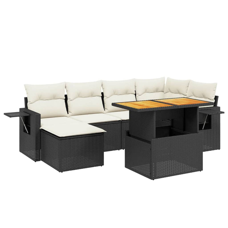 7-delige Loungeset met kussens poly rattan zwart