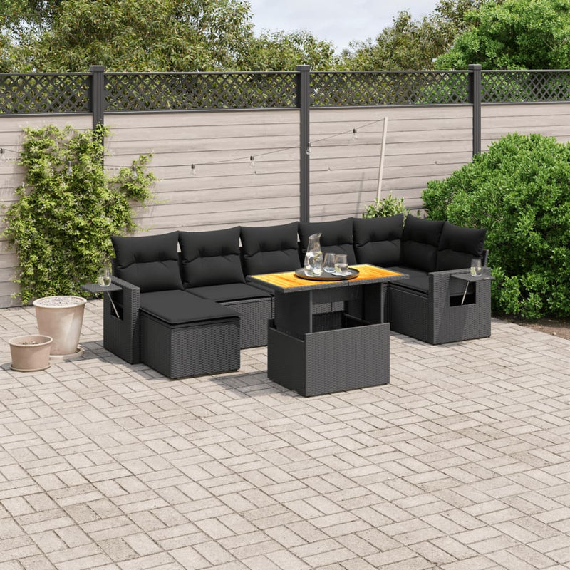 8-delige Loungeset met kussens poly rattan zwart