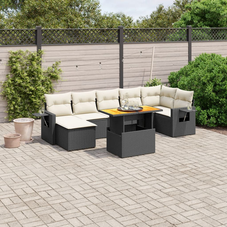 8-delige Loungeset met kussens poly rattan zwart