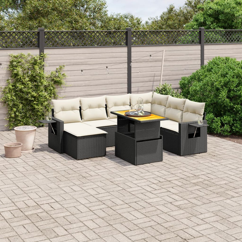 8-delige Loungeset met kussens poly rattan zwart