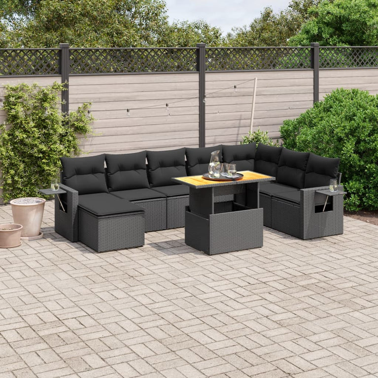 9-delige Loungeset met kussens poly rattan zwart