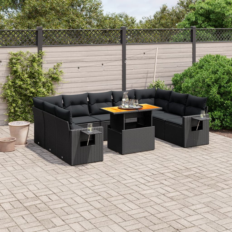 10-delige Loungeset met kussens poly rattan zwart