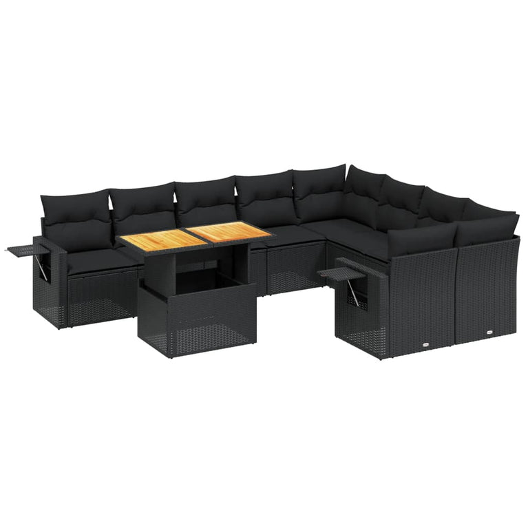 10-delige Loungeset met kussens poly rattan zwart