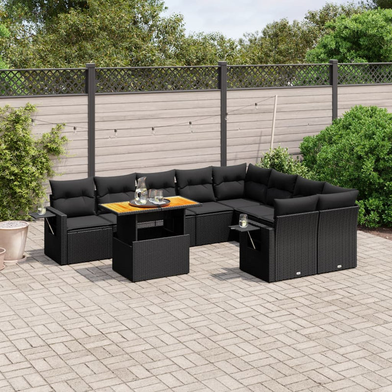 10-delige Loungeset met kussens poly rattan zwart