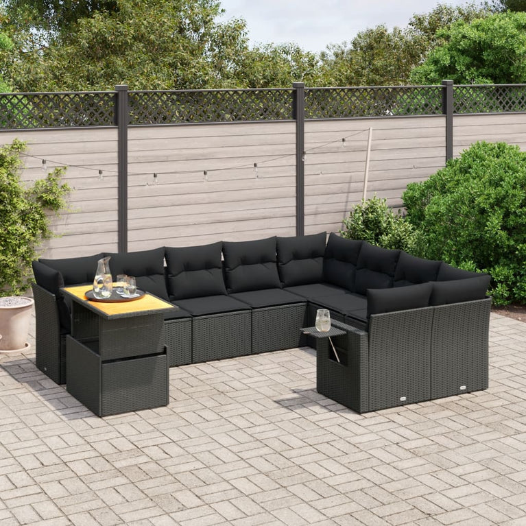 10-delige Loungeset met kussens poly rattan zwart