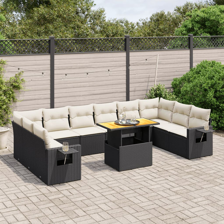 11-delige Loungeset met kussens poly rattan zwart