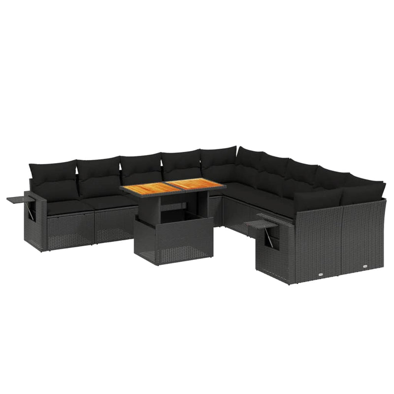 11-delige Loungeset met kussens poly rattan zwart