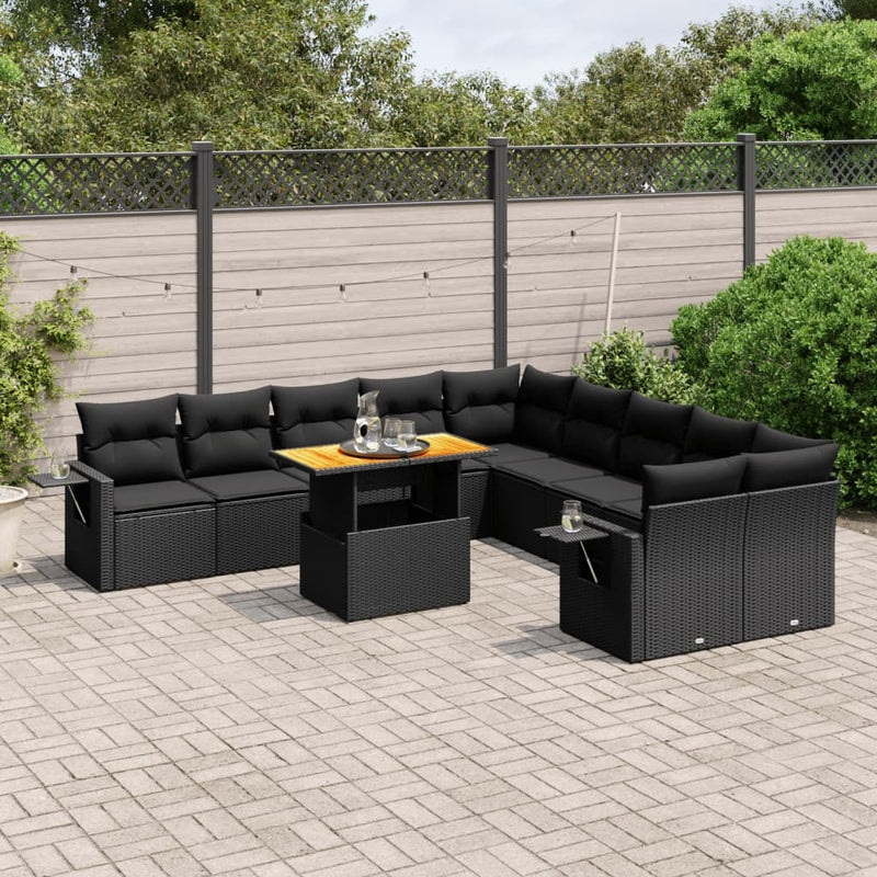 11-delige Loungeset met kussens poly rattan zwart