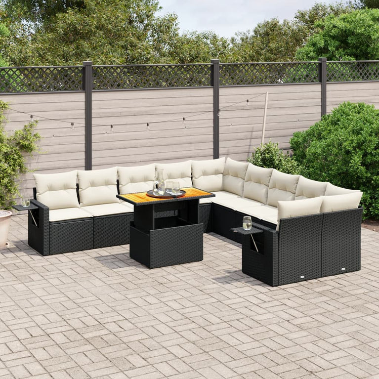 11-delige Loungeset met kussens poly rattan zwart
