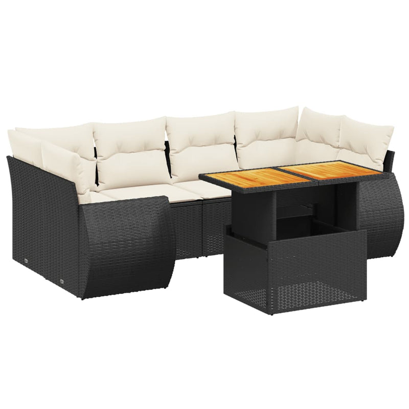 7-delige Loungeset met kussens poly rattan zwart