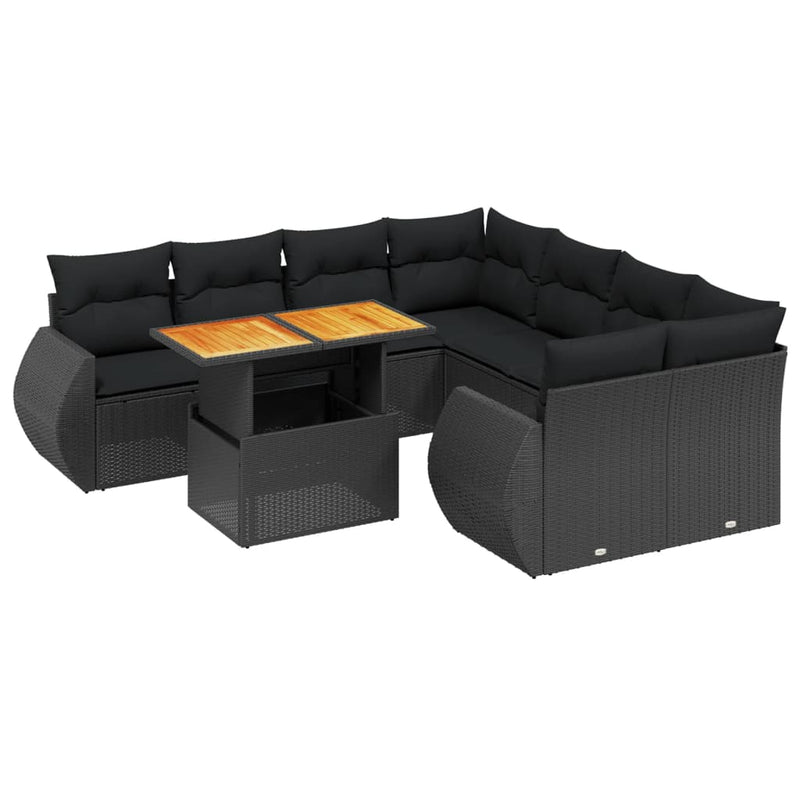 9-delige Loungeset met kussens poly rattan zwart