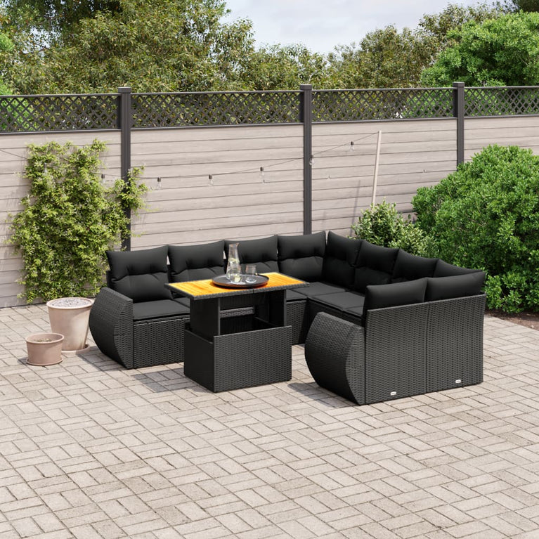 9-delige Loungeset met kussens poly rattan zwart