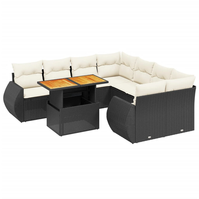 9-delige Loungeset met kussens poly rattan zwart