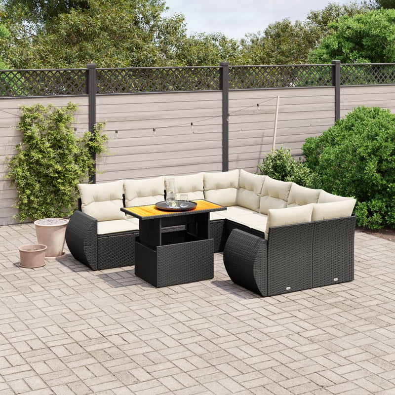 9-delige Loungeset met kussens poly rattan zwart