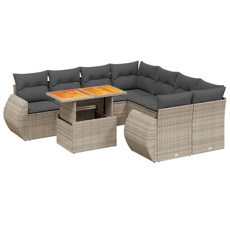 9-delige Loungeset met kussens poly rattan grijs