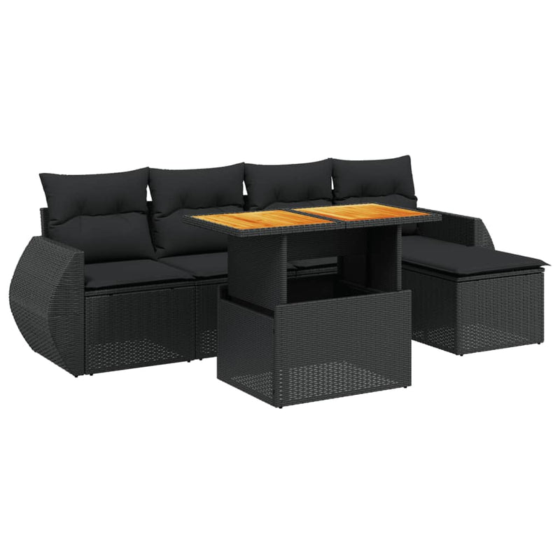 6-delige Loungeset met kussens poly rattan zwart