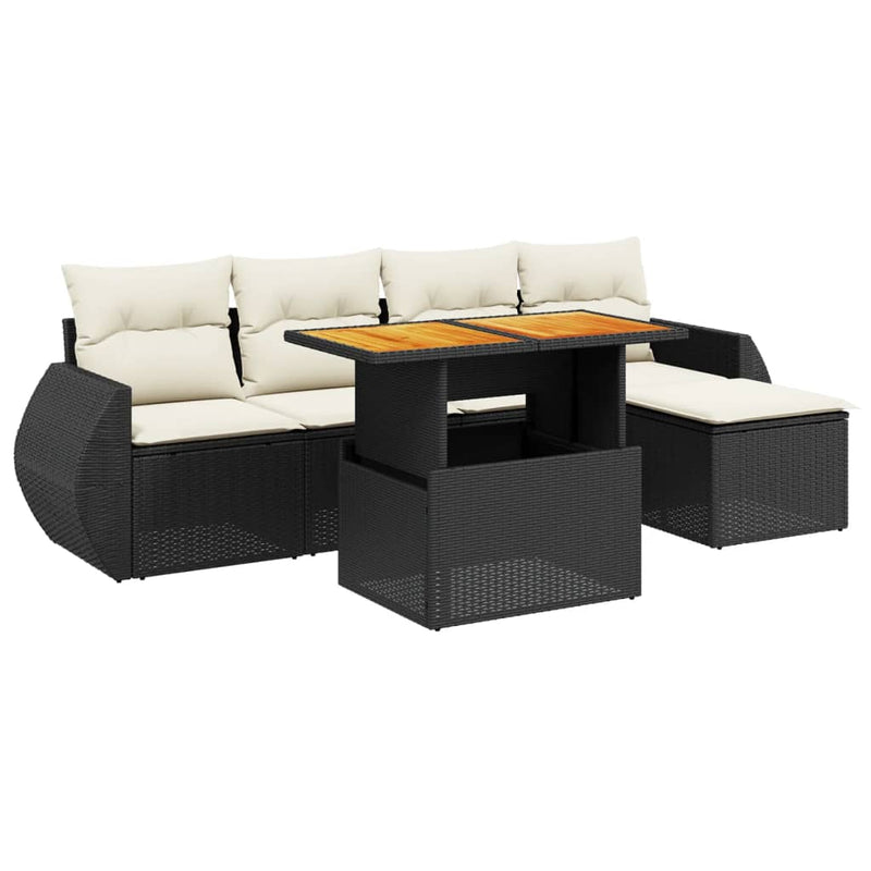 6-delige Loungeset met kussens poly rattan zwart