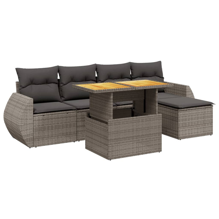 6-delige Loungeset met kussens poly rattan grijs