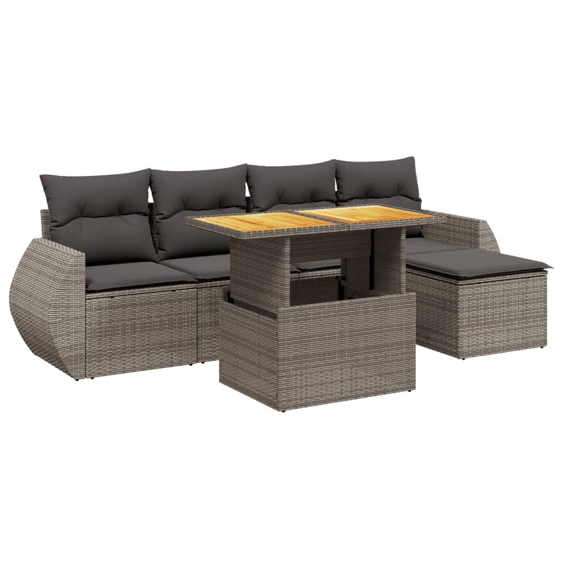 6-delige Loungeset met kussens poly rattan grijs