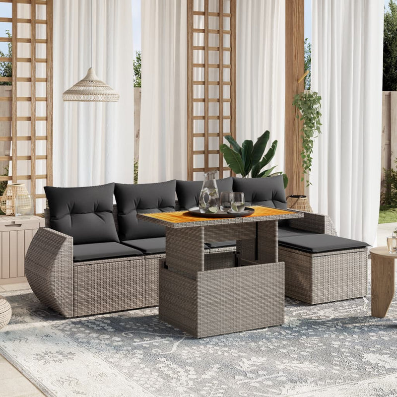 6-delige Loungeset met kussens poly rattan grijs