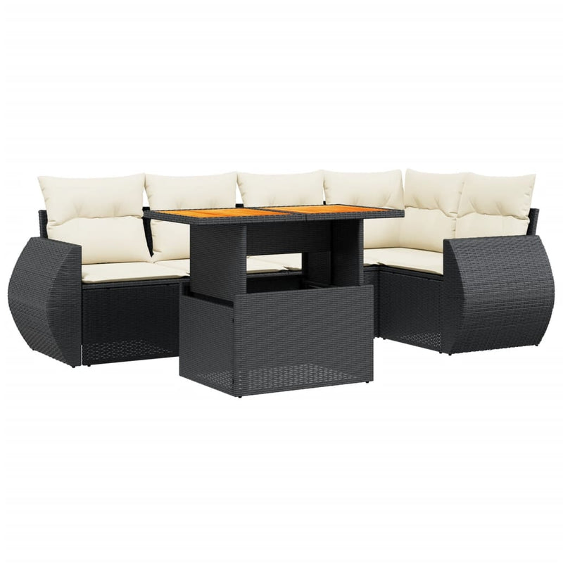 6-delige Loungeset met kussens poly rattan zwart