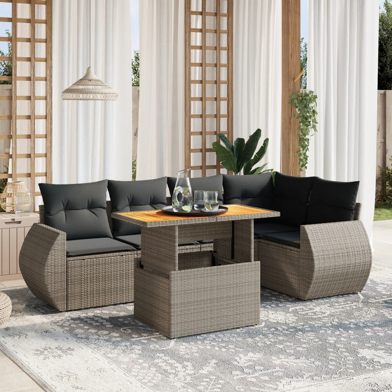 6-delige Loungeset met kussens poly rattan grijs