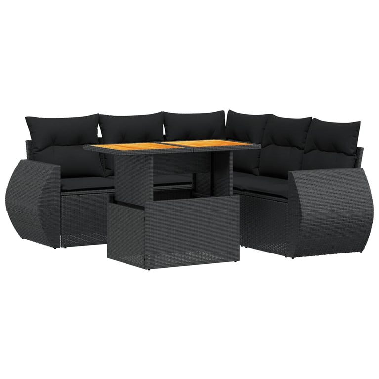 6-delige Loungeset met kussens poly rattan zwart